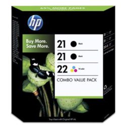 Hp 21 / 22 Ink Cartridge, Black, Tri-Colour Combo Value Pack, SD400AE (package 3 each)